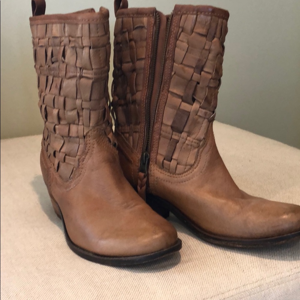 Woven tan leather boots